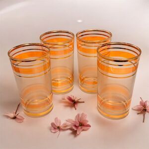 Vintage MCM Peach and Gold Striped Glasses Set of 4  Mid-Century Modern Barware